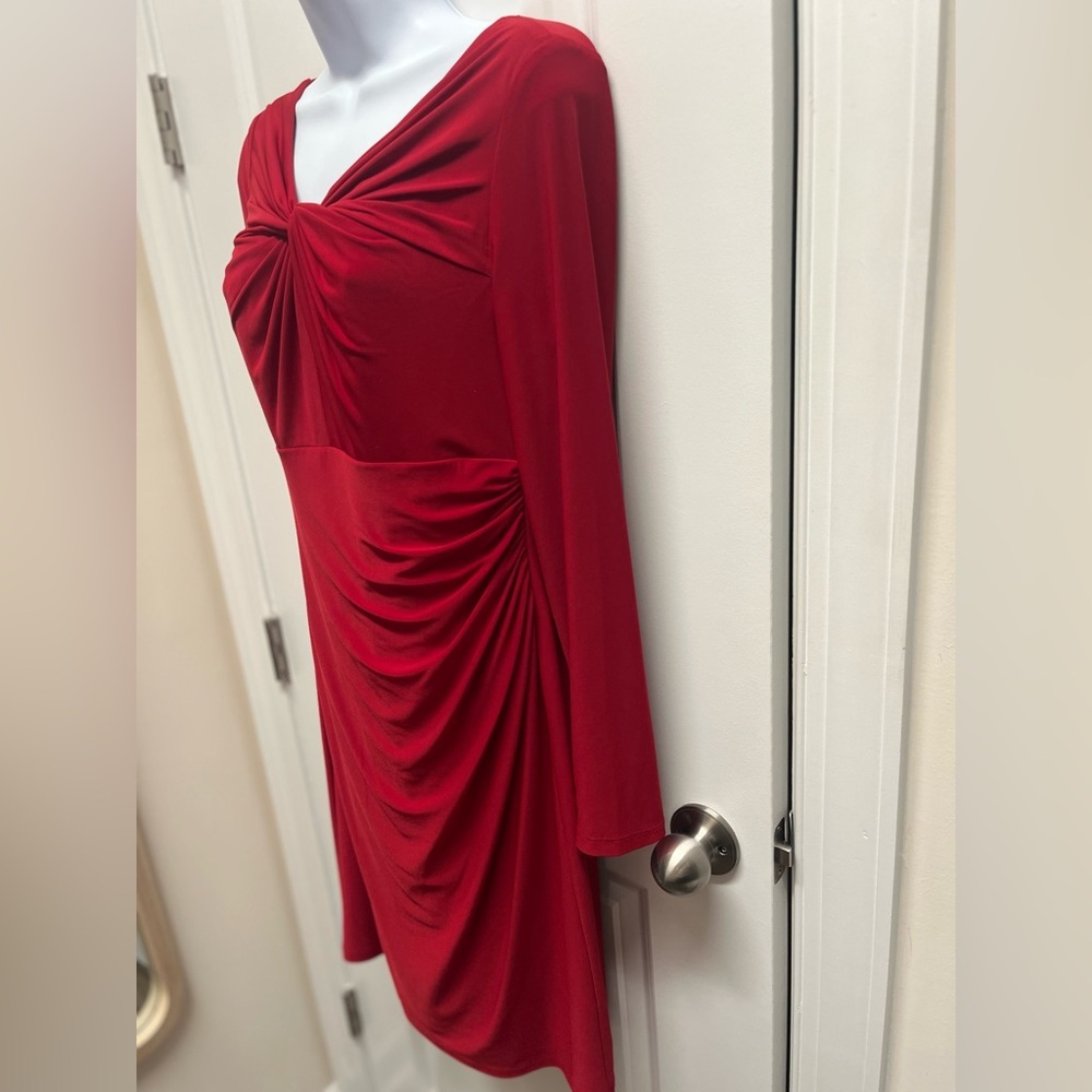 Lauren Ralph Lauren Red,twist neckline,Gathered Long Sleeve Midi Dress 6 - Picture 4 of 12